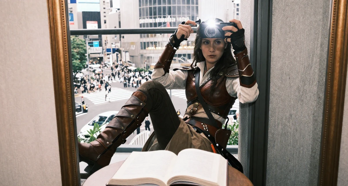A determined Female Once a kindergarten helper, now producing warm lifestyle aesthetics in their 29, balancing content creation with part-time work, wearing a fantasy elven archer outfit with leather armor details, crossing legs in a luxury penthouse balcony.