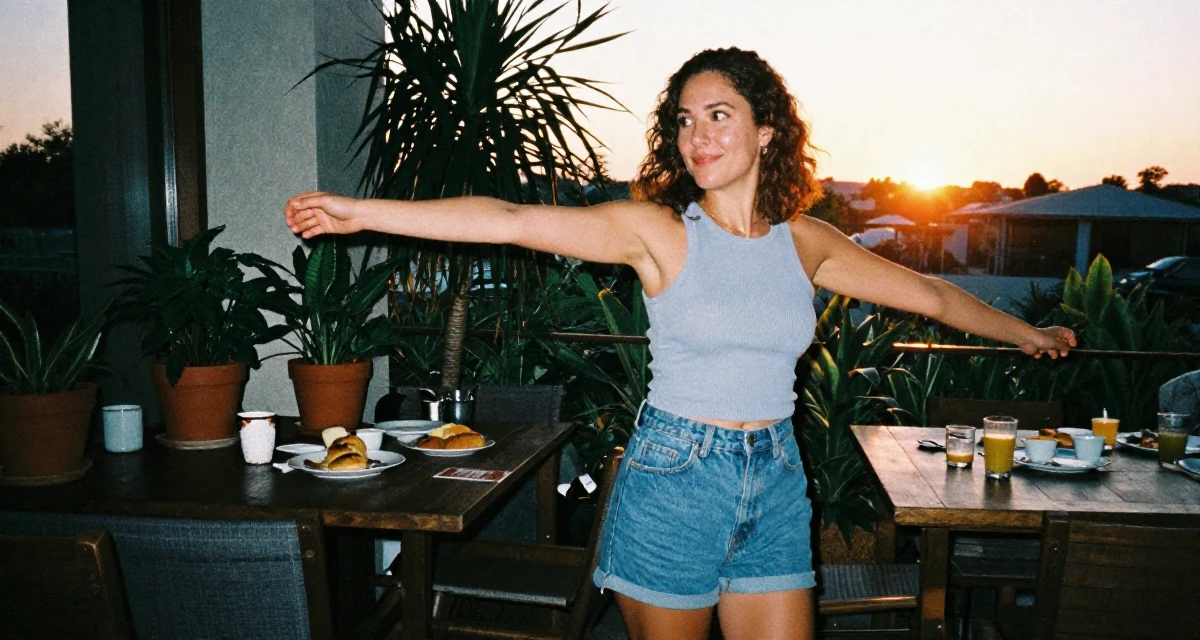 A stunned Female Former small-town teacher, now exploring expressive photography in their 25, looking back at 21 with a wise smile, wearing a fitted ribbed tank top and high-waisted denim shorts, stretching arms after waking in a breakfast nook.