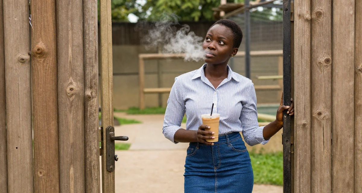 A pensive Female From Nigeria, majored in business communication in their 20, experimenting with new social circles and hobbies, wearing a striped button-down shirt tucked into a denim pencil skirt, opening a door in a zoo enclosure path.