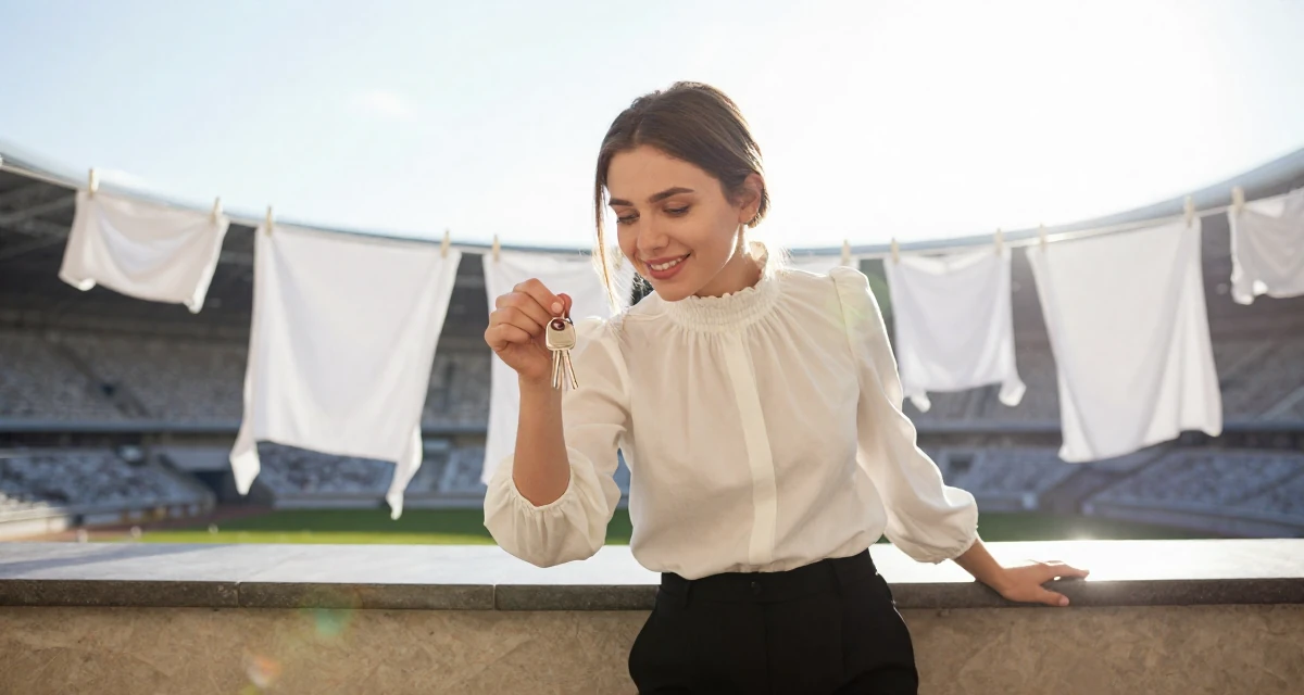 A playful Female From Ukraine, studied software engineering in their 25, smiling gently with a secret inner peace, wearing a high-neck victorian style blouse and black slacks, holding a set of keys in a bakery counter.