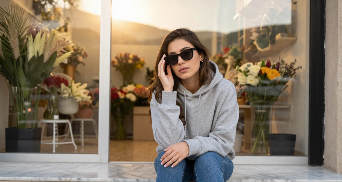 A compassionate Female From Alexandria Egypt, majored in applied arts in their 23, looking sophisticated but feeling lost inside, wearing a classic grey hoodie and jeans, putting on sunglasses in a flower shop entrance.