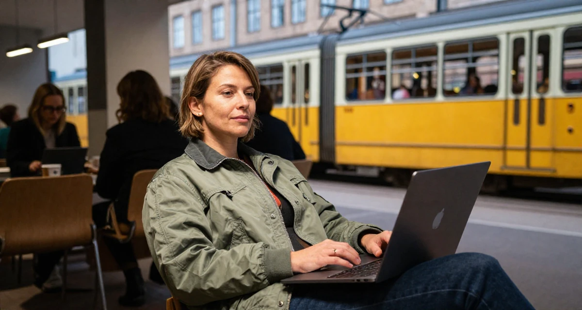 A calm and confident Female From Copenhagen Denmark, majored in architecture in their 44, expert in negotiation and communication skills, wearing a retro windbreaker jacket, holding a laptop in a busy coworking space.