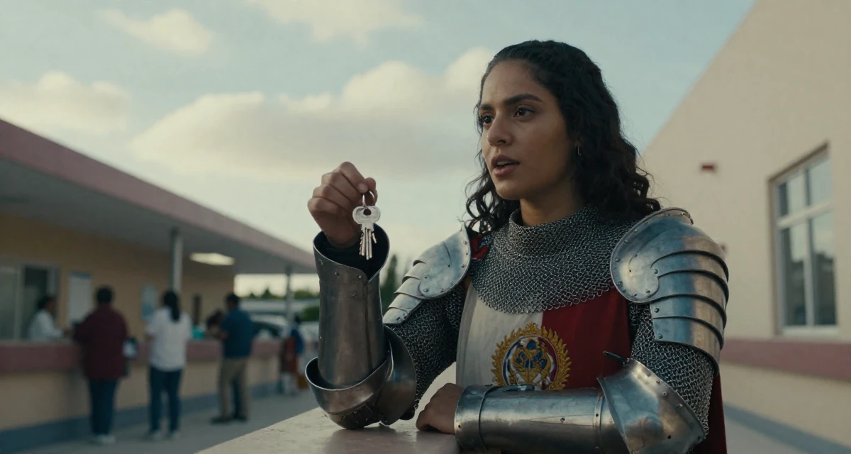 A vibrant Female From Mexico, studied cultural studies in their 27, experimenting with new content formats, wearing a female knight armor with a tabard and chainmail, holding a set of keys in a hospital corridor.