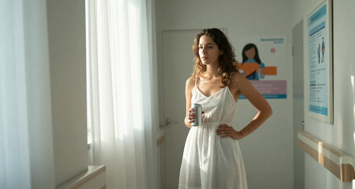 A timid Female From Netherlands, studied digital media and interaction design in their 25, standing tall with newfound self-assurance, wearing a semi-sheer white sundress backlit by the sun, holding a beverage can in a hospital corridor.