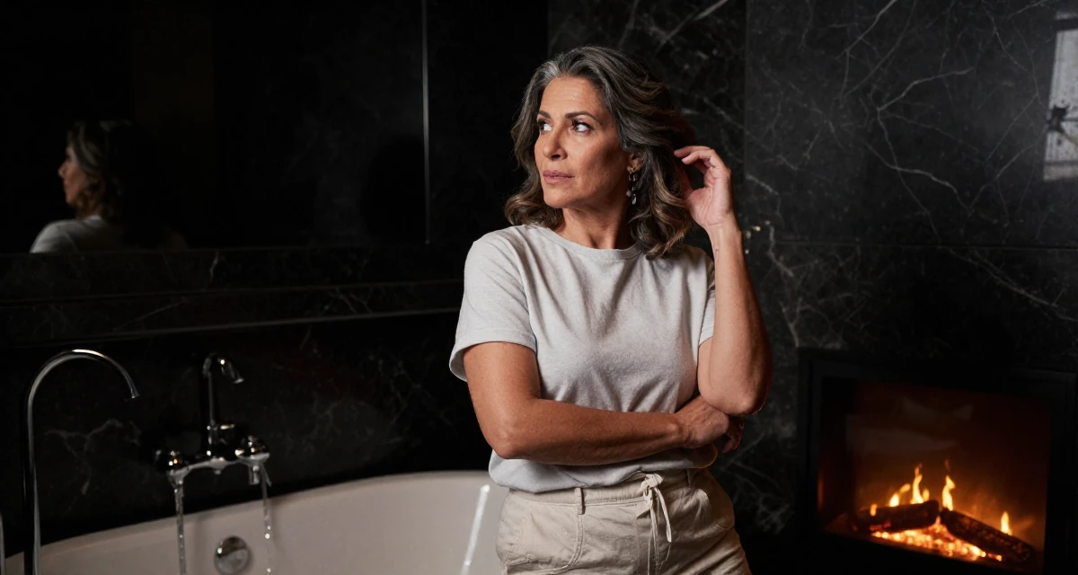 A inspired male From Brazil, graduated in tourism management in their 39, sharing sophisticated style tips for mature women, wearing a clean, neutral-toned casual outfit, tucking hair behind an ear in a marble bathroom with a tub.