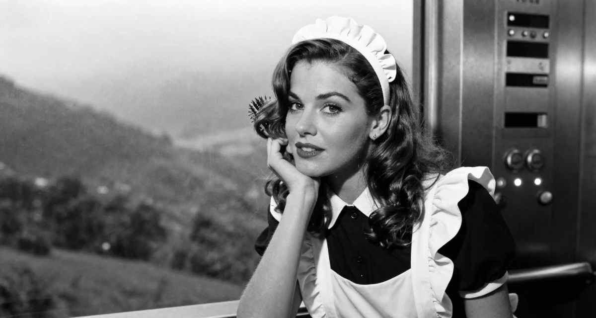 A lighthearted Female From Madagascar, majored in ecotourism in their 28, cultivating a sophisticated taste in art, wearing a maid outfit with a white apron and ruffled headband, brushing hair away from the face in a tv set.