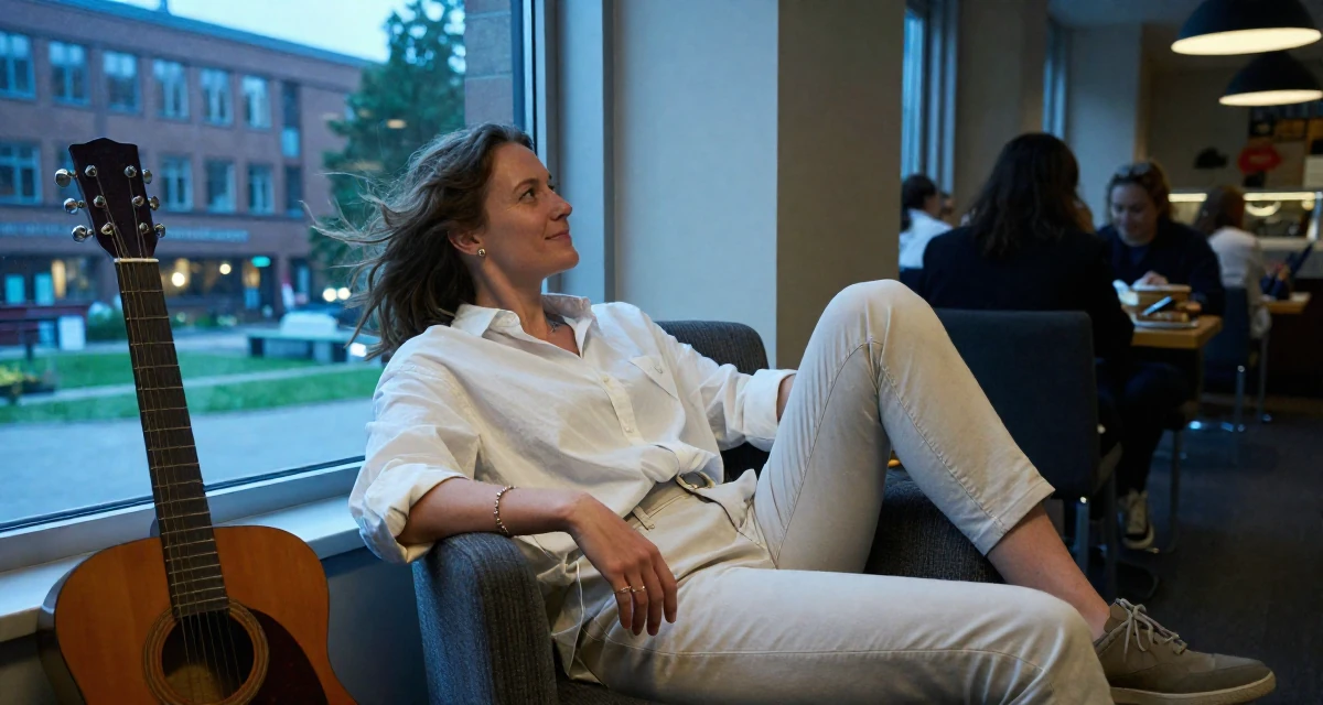A hopeful Female From Sweden, majored in industrial engineering in their 44, advocate for financial literacy for women, wearing a oversized white shirt with sleeves rolled up and slim trousers, looking out the window in a university campus.