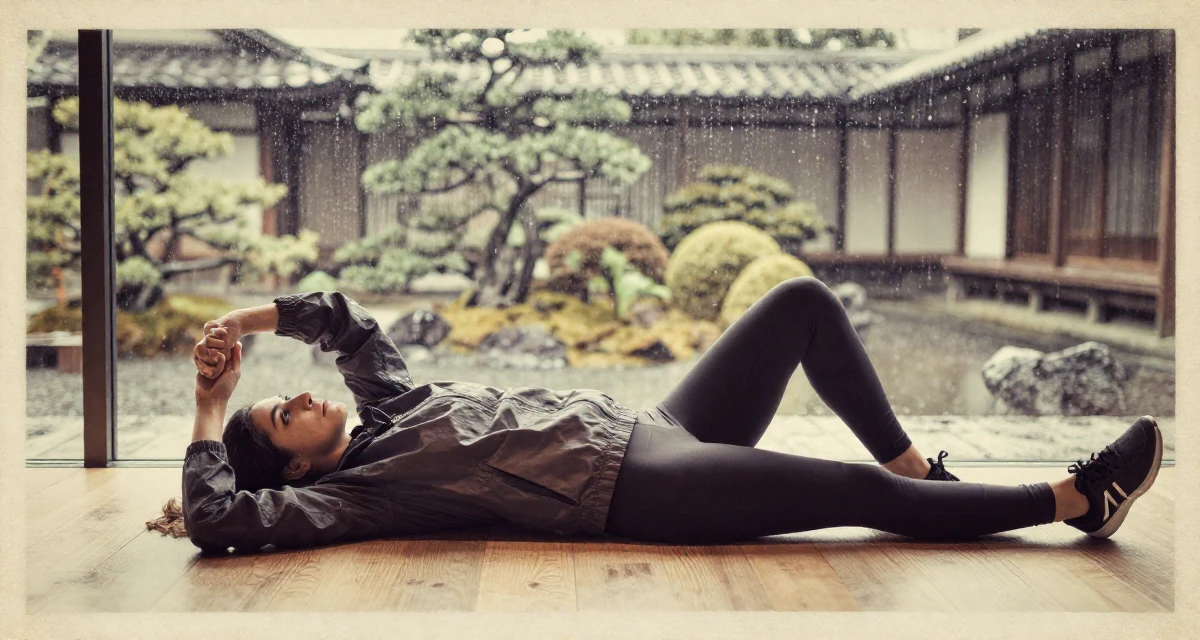 A assertive Female From Pakistan, majored in mass communication in their 20, capturing every moment for the aesthetic, wearing a sporty windbreaker and leggings, stretching arms in a art gallery hall.