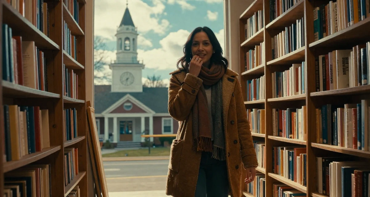 A warm Female From United States, studied civil service management in their 45, documenting the renovation of a vacation home, wearing a layered autumn coat and scarf, biting the lower lip softly in a bookstore aisle.