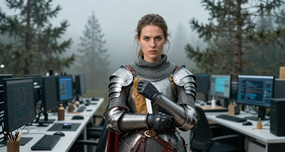 A seriously concentrated Female Previously a stay-at-home mom, now monetizing relatable lifestyle content in their 25, navigating emotionally intense relationships, wearing a female knight armor with a tabard and chainmail, removing a glove in a cybernetic computer lab.