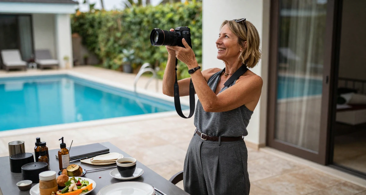 A cheerful Female From Denmark, majored in data analytics in their 48, grandmother sharing joy and family recipes, wearing a halter neck top and wide-leg office trousers, holding a camera ready to shoot in a messy desk.