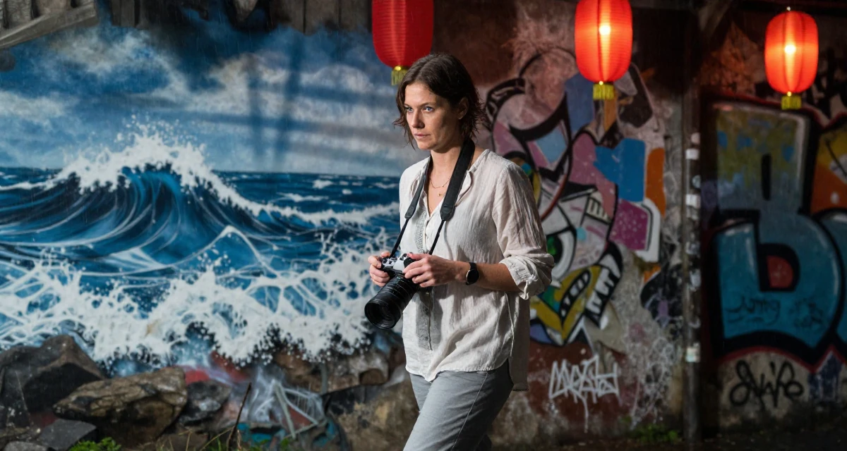 A engrossed Female From Sweden, majored in industrial engineering in their 43, creating a supportive space for menopause, wearing a light and airy spring attire, holding a camera ready to shoot in a graffiti art wall.