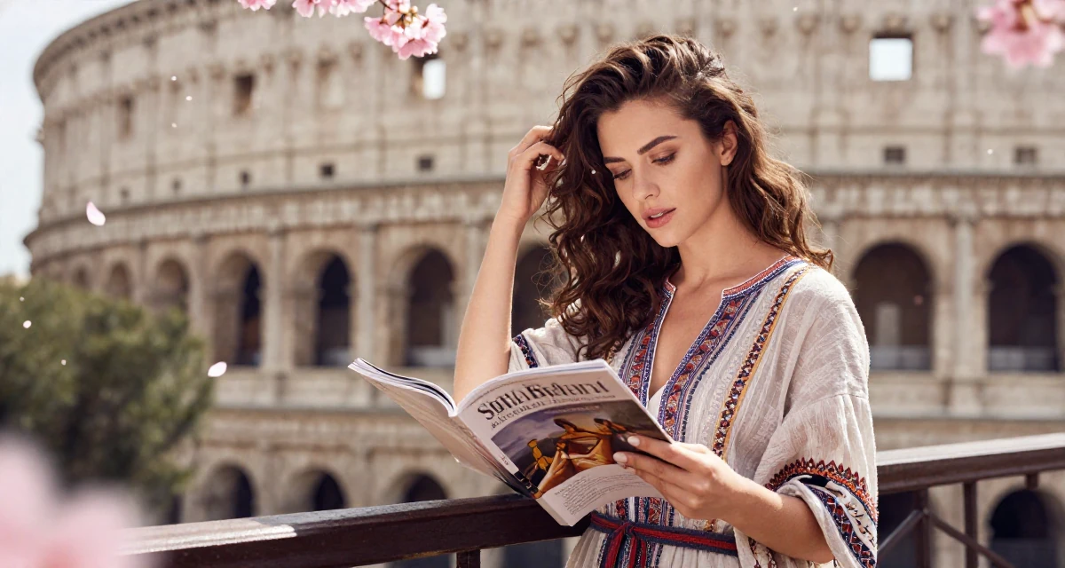 A dreaming Female From Sofia Bulgaria, studied alternative creative media in their 22, understanding the importance of mental resilience, wearing a relaxed bohemian style dress, flipping through a magazine in a opera house balcony.