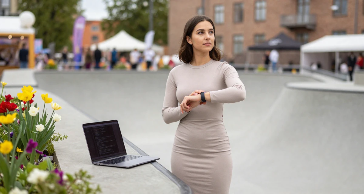 A steady Female From Gothenburg Sweden, studied sustainable development in their 27, just moved into a small apartment alone, wearing a long-sleeve bodycon midi dress in neutral tones, checking a wristwatch in a skate park.