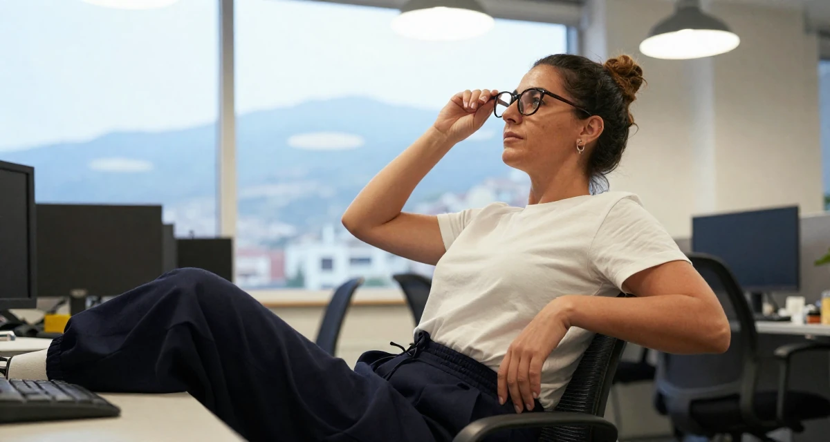 A focused Female From Greece, studied philology in their 39, preparing for a new chapter in a new city, wearing a school gym uniform with bloomers and a white t-shirt, pushing glasses up the nose in a office workspace.