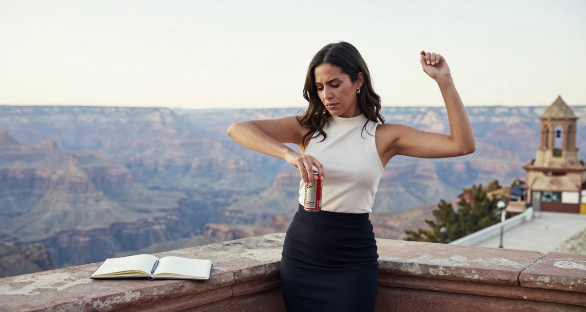 A cynical Female From Chile, studied commercial design in their 31, teaching photography and editing skills, wearing a mock neck sleeveless top and a pencil skirt, opening a soda can in a historic downtown.