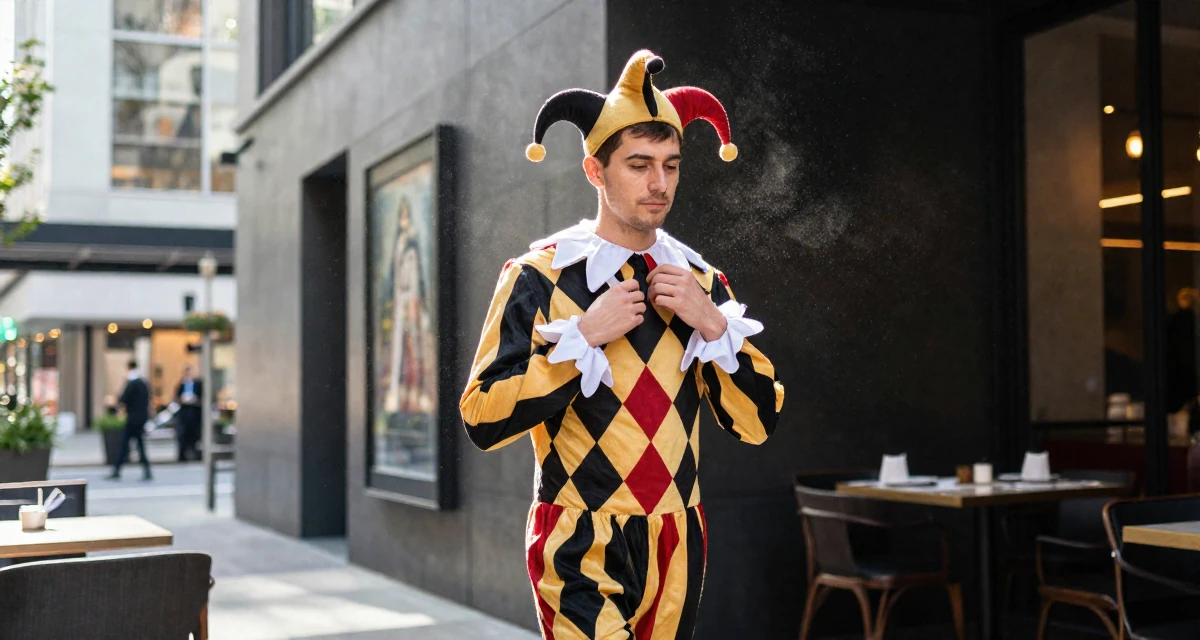 A calm male From Vancouver Canada, trained in natural light portraiture in their 24, exploring opportunities for self-expression, wearing a harlequin jester costume with a diamond pattern, fixing a collar in a high-end restaurant.