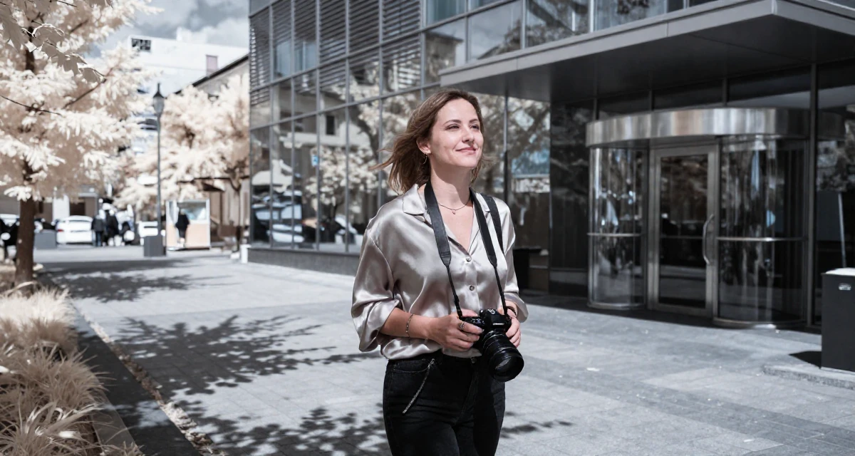 A warm and welcoming Female From Sofia Bulgaria, studied alternative creative media in their 46, sharing easy gourmet recipes for two, wearing a silk blouse with oversized cuffs, holding a camera in a pedestrian plaza.