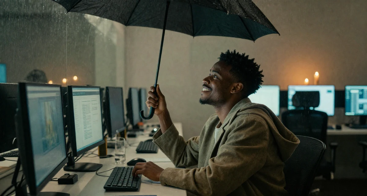 A carefree male From Tanzania, studied wildlife conservation in their 26, chasing the digital nomad lifestyle dream, wearing a oversized blazer draped over the shoulders, shaking rain off an umbrella in a cybernetic computer lab.