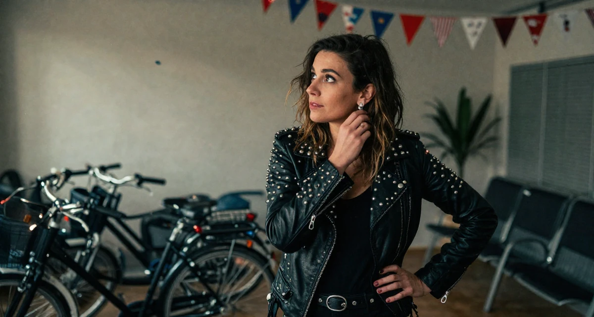 A curious and focused Female From Marseille France, majored in culinary arts in their 30, first-time entrepreneur building a startup, wearing a heavy metal rocker outfit with studs and leather, putting on earrings in a waiting room.