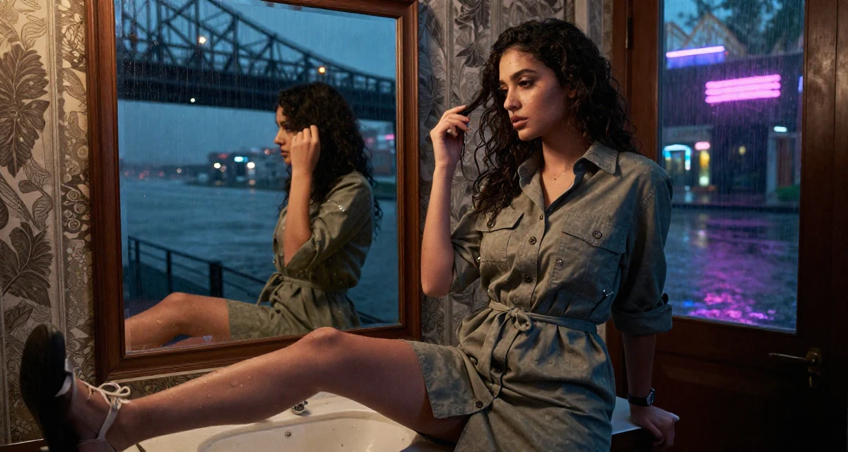 A enigmatic Female From Arabic-speaking world, majored in geology in their 21, seeking deeper connections beyond small talk, wearing a belted shirt dress with rolled sleeves, fixing a loose strand of hair in a vanity mirror.