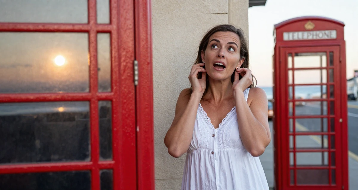 A enthusiastic Female From Australia, studied marine biology on the coast in their 48, documenting the process of writing a memoir, wearing a white cotton nightgown with lace details, putting on earrings in a sunset beach.