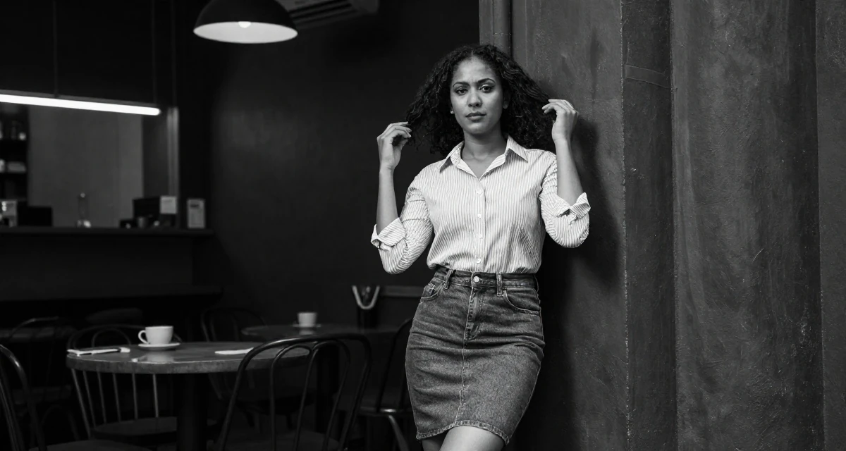 A stoic and strong Female From Ethiopia, studied software development in their 41, tech executive pivot to digital content creation, wearing a striped button-down shirt tucked into a denim pencil skirt, fixing a loose strand of hair in a cozy café.