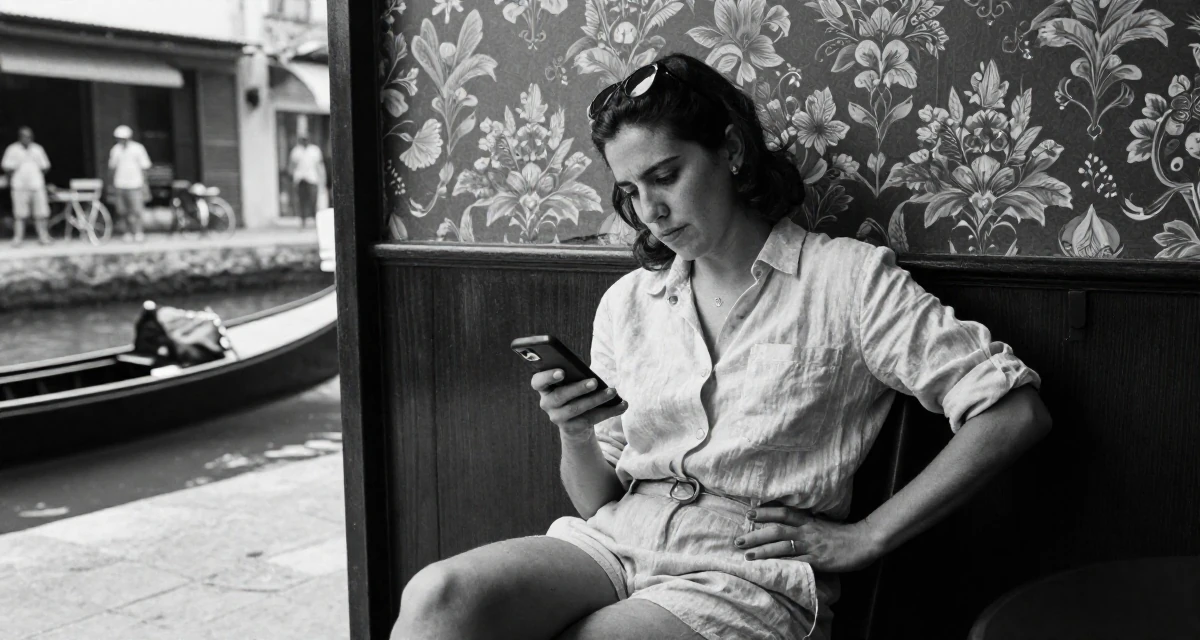 A introspective Female Born in Colombia, trained in audiovisual communication in their 22, managing emotional whiplash from fluctuating subscriber counts, wearing a chic summer linen outfit, checking a notification on a phone in a cinema lobby.