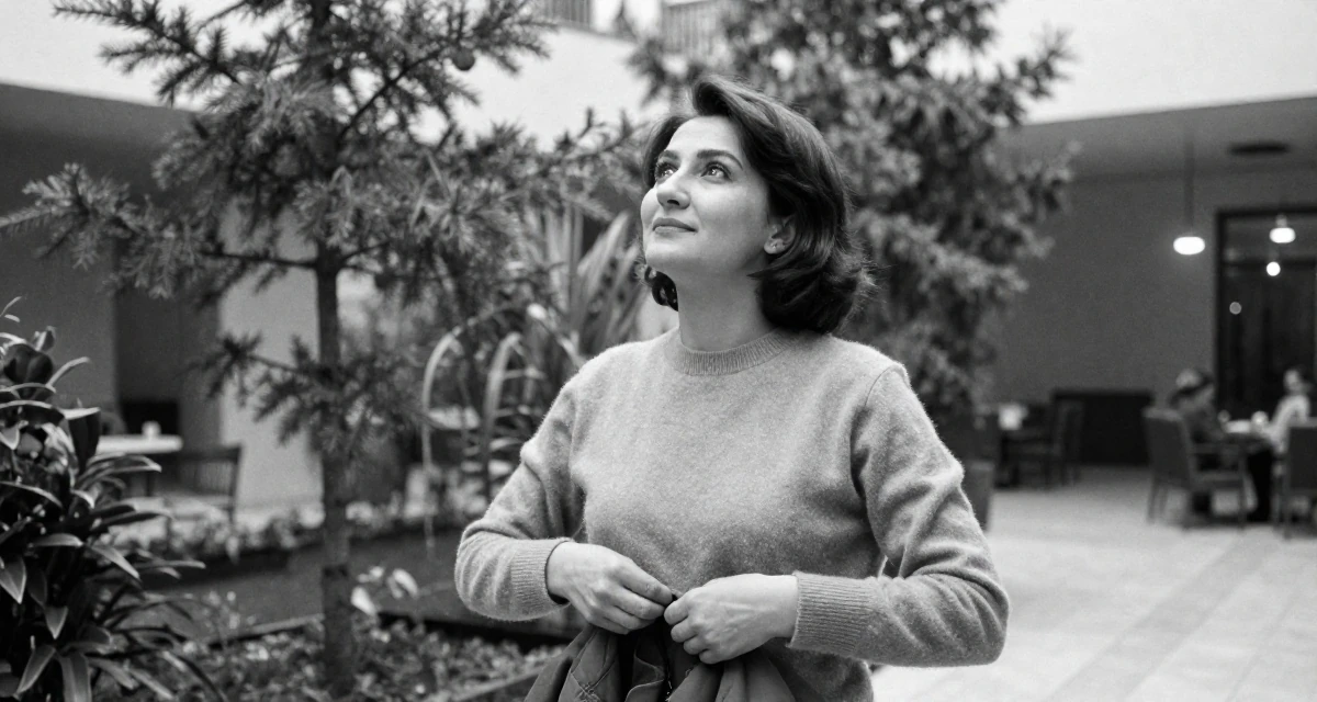 A peaceful Female From Turkmenistan, studied industrial technology in their 25, feeling established in their chosen field, wearing a soft cashmere sweater look, buttoning up a jacket in a hotel lobby.