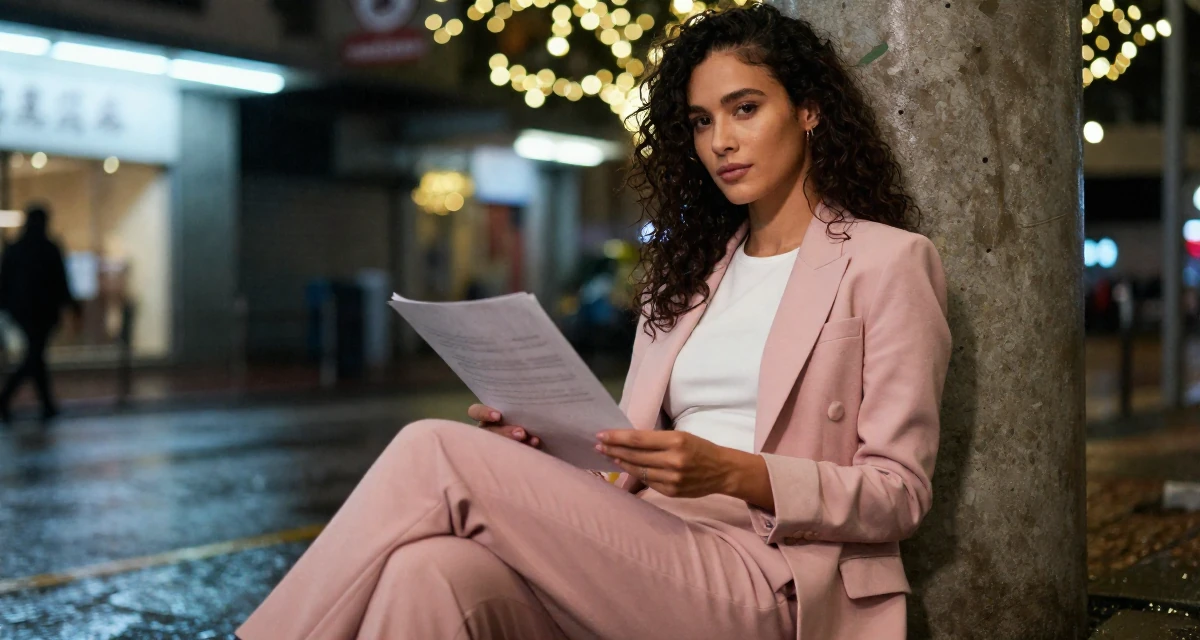 A confident and poised Female From Hong Kong, studied digital media arts in their 24, looking for meaning beyond the paycheck, wearing a tailored pantsuit in pastel pink with a white top, holding a piece of paper in a rainy street corner.