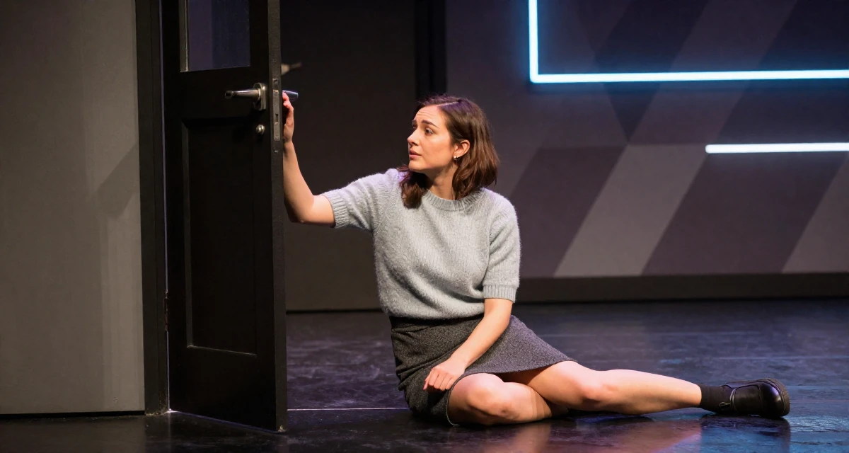 A sentimental Female From UK, studied anthropology in their 23, investing more time in self-marketing, wearing a short sleeve cashmere sweater and a skirt, pushing a door open in a theater stage.