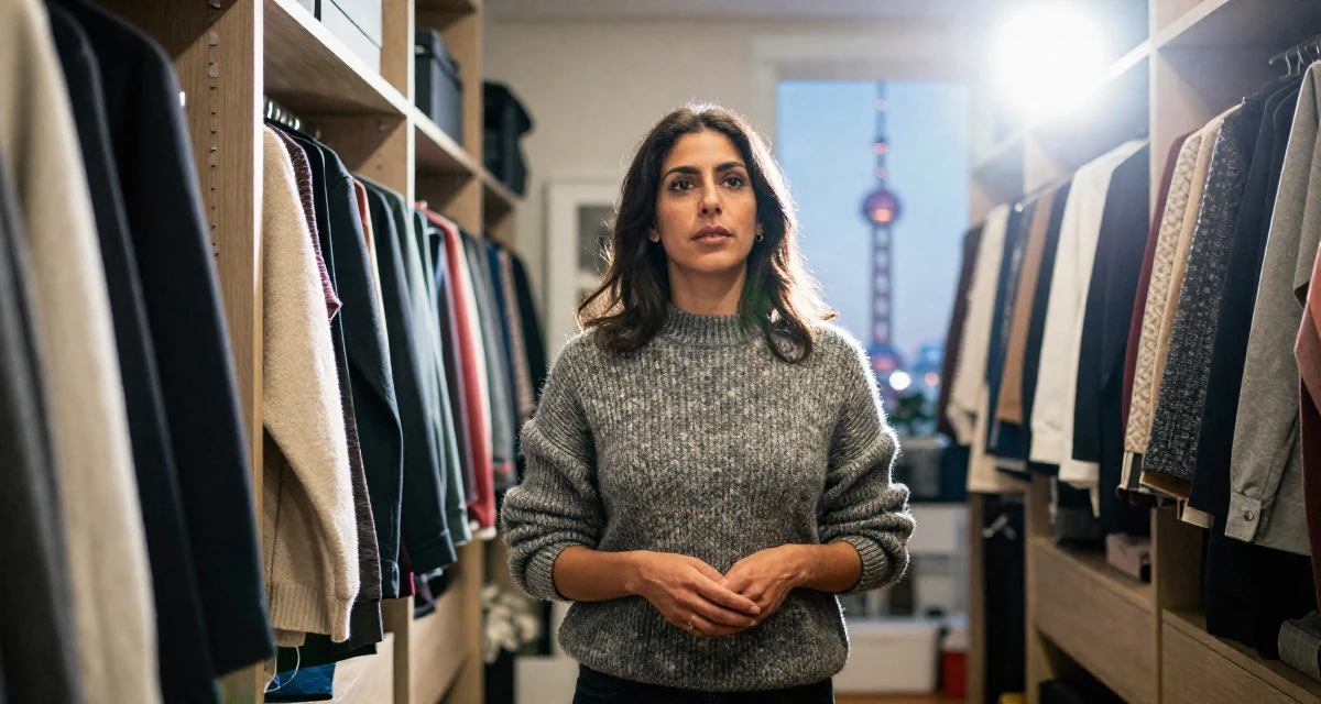 A zoned out Female From Libya, studied marine engineering in their 42, passionate about sustainable luxury living, wearing a textured wool sweater, clasping hands together in a walk-in closet.