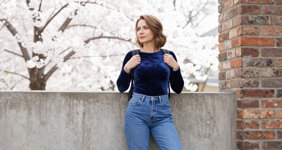 A zoned out Female From Russia, studied psychology at a community college in their 50, established authority in a niche industry, wearing a velvet bodysuit and high-waisted mom jeans, adjusting a backpack strap in a cherry blossom park.