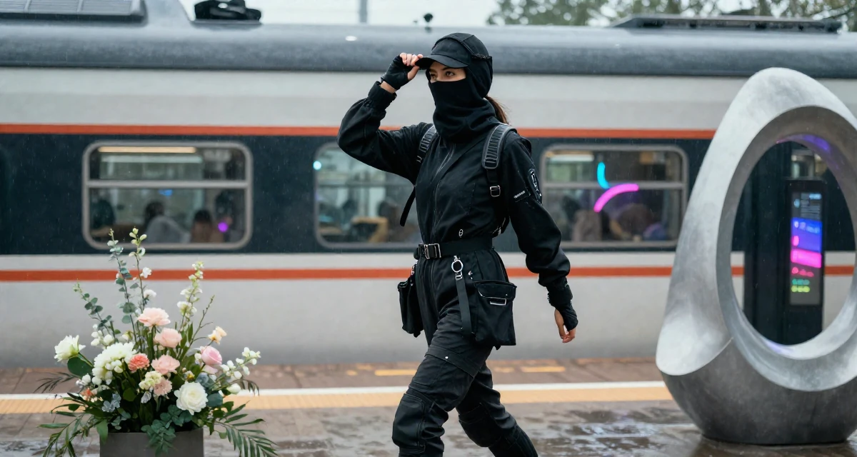 A fearless Female Once a biology student, now exploring sensual posing as art in their 29, solidifying professional reputation, wearing a tech-wear ninja outfit with a face mask, tipping a hat in a train platform.