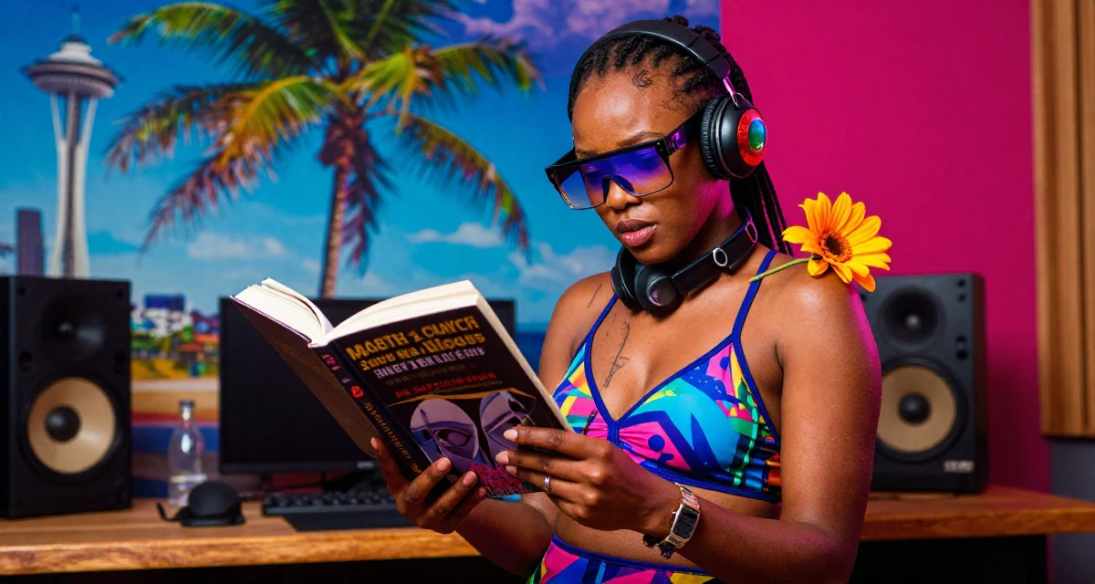 A intense and captivating Female From Mombasa Kenya, practiced swimwear aesthetics in coastal campaigns in their 34, reviewing books and sharing reading lists, wearing a cyberpunk hacker outfit with oversized tech glasses, holding a flower in a music recording studio.