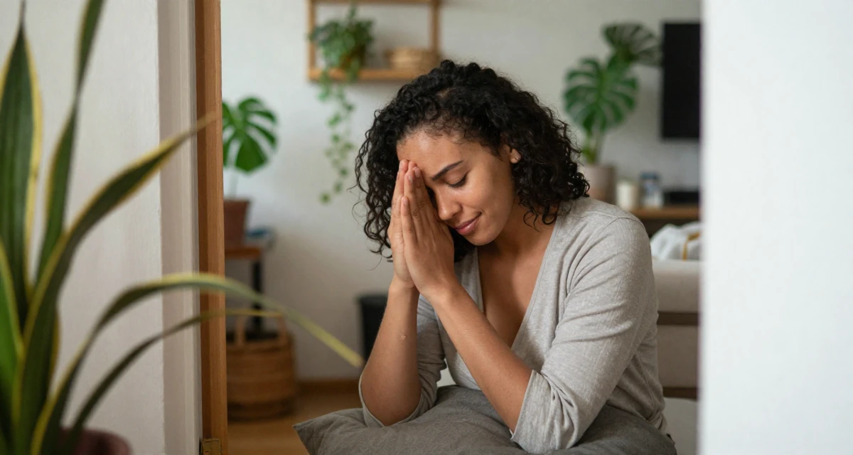A softly smiling Female From Angola, majored in logistics operations in their 23, wondering if this hustle is worth the stress, wearing a wrap blouse with a deep neckline, rubbing hands together for warmth in a home interior.