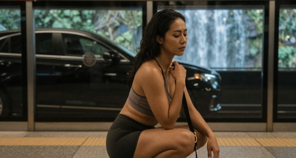 A enigmatic Female Born in Indonesia, studied brand communication in their 42, finding peace in a slower intentional lifestyle, wearing a strappy gym top and compression shorts, adjusting a shoulder strap in a subway platform.