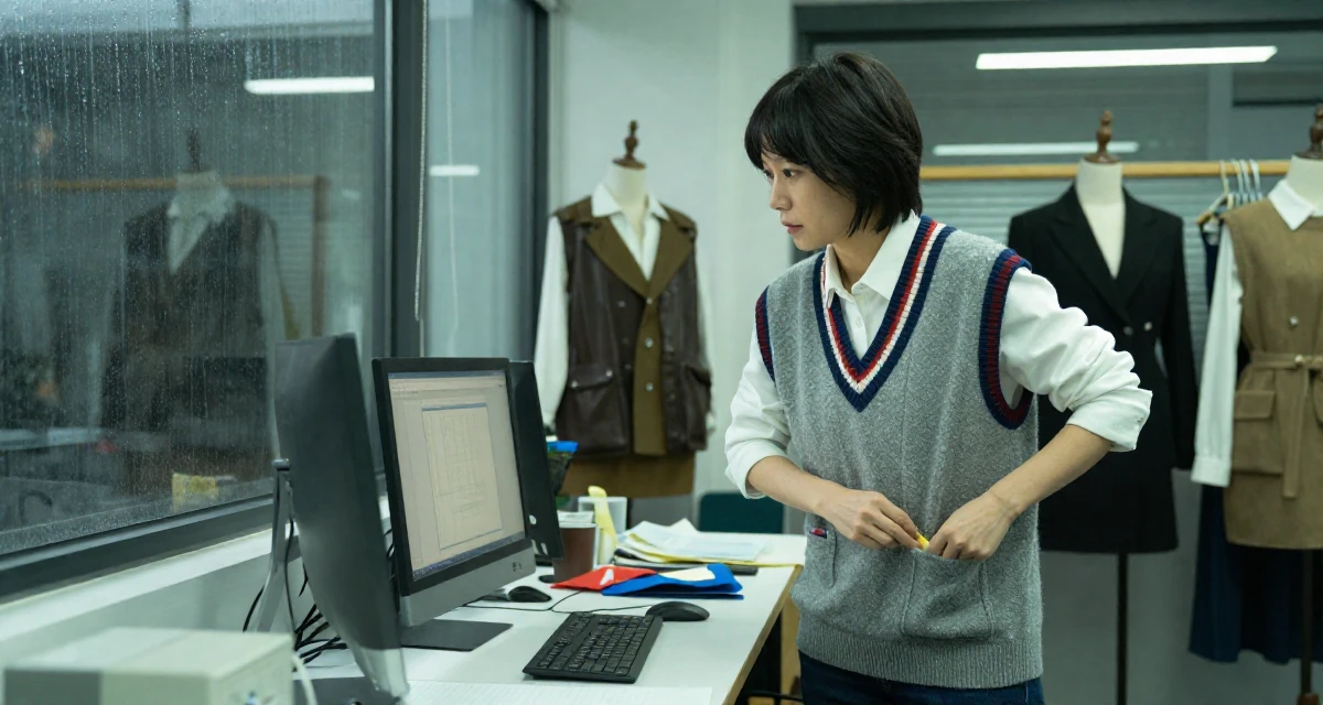 A enigmatic Female From Suzhou China, grew up in a family tailoring business, learning costume craft in their 36, sharing tips for organizing a chaotic home, wearing a preppy sweater vest combo, looking for something in a pocket in a fashion design studio.