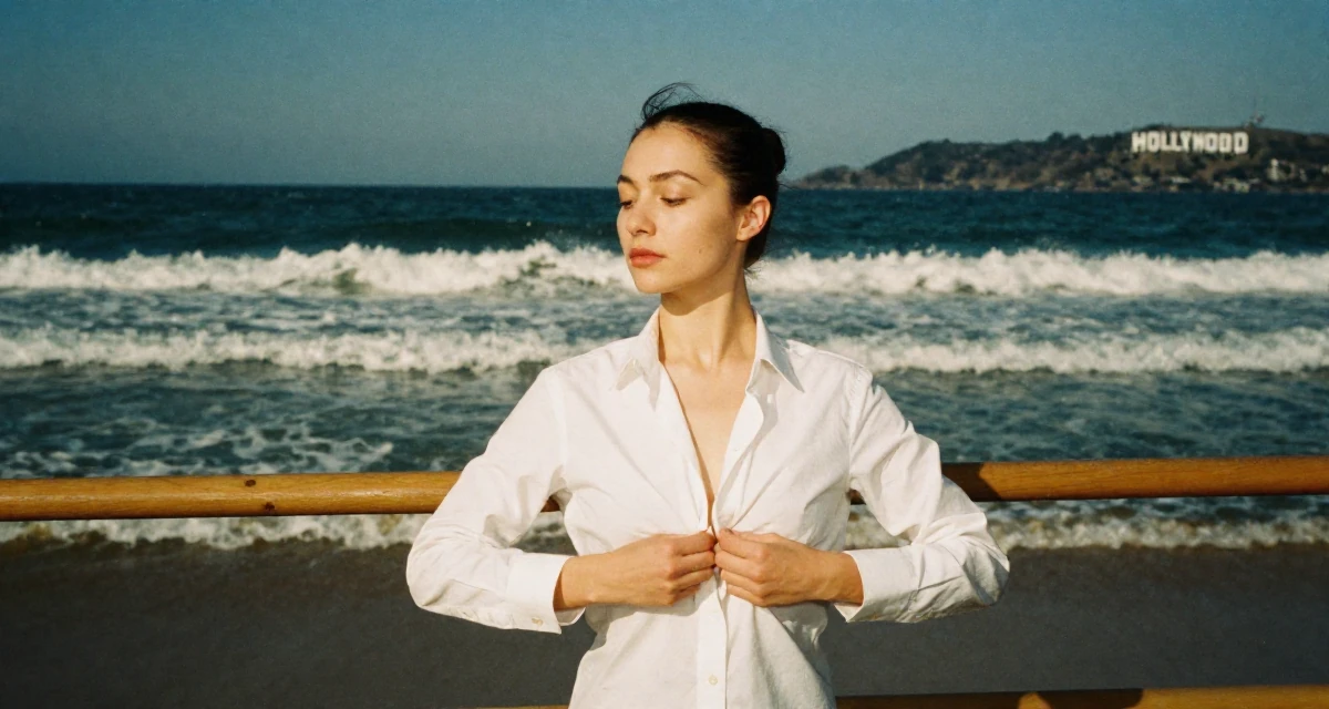 A tranquil Female Born in Norway, majored in consumer psychology in their 22, adapting to the shift from school to full-time work, wearing a white shirt unbuttoned to the chest, unbuttoning a coat in a ballet studio.