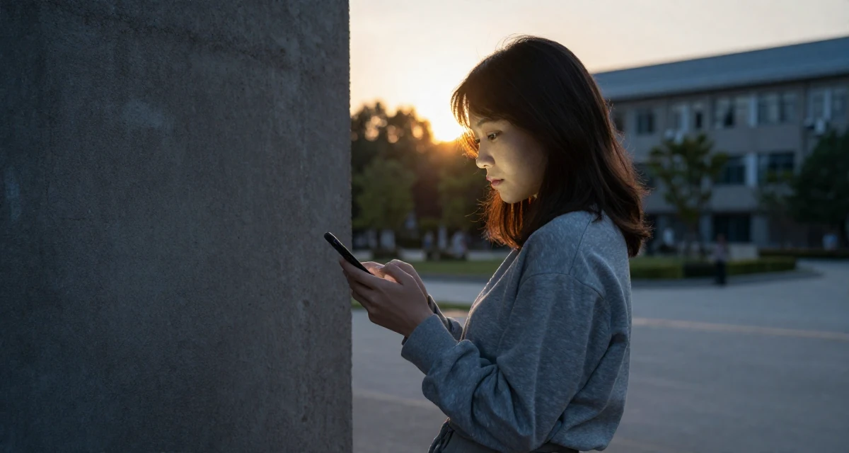 A fragile Female Once a hotel bartender, now creating nightlife-themed fan content in their 25, exploring personal identity for the first time, wearing a grey tones casual wear, typing a message in a university campus.