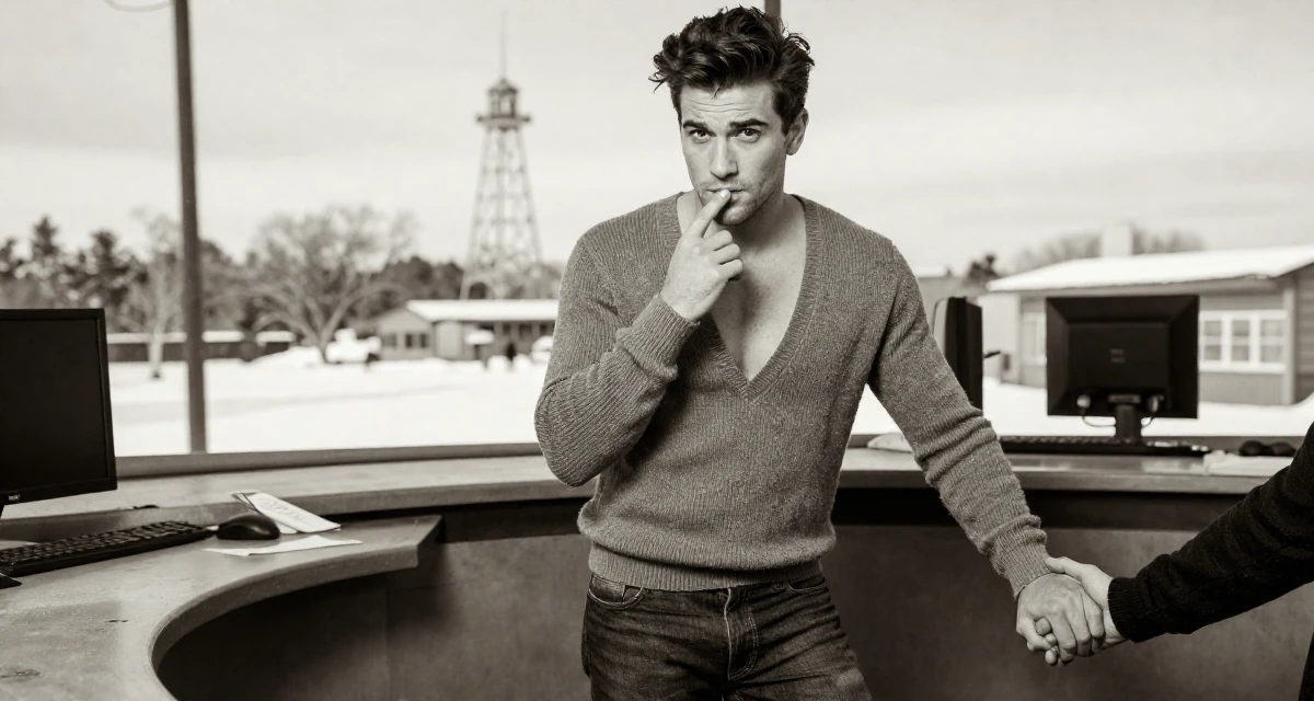 A cool and collected male From USA, majored in journalism and media studies in their 23, using confidence as the core of seductive branding, wearing a plunging v-neck sweater and skinny jeans, holding hands with someone unseen in a radio station.