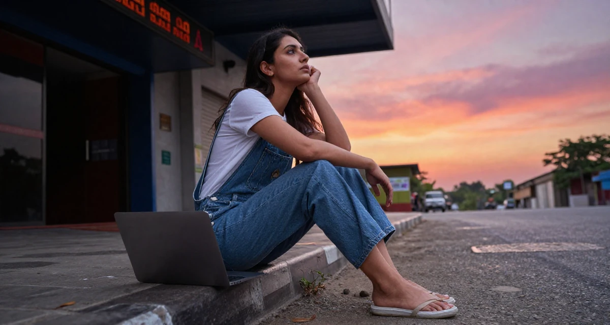 A introspective Female From Pakistan, based in Lahore, graduated from a business school majoring in marketing management in their 30, carrying the weight of years of hustling online, wearing a relaxed dungarees or overalls, taking a deep breath in a cinema entrance.
