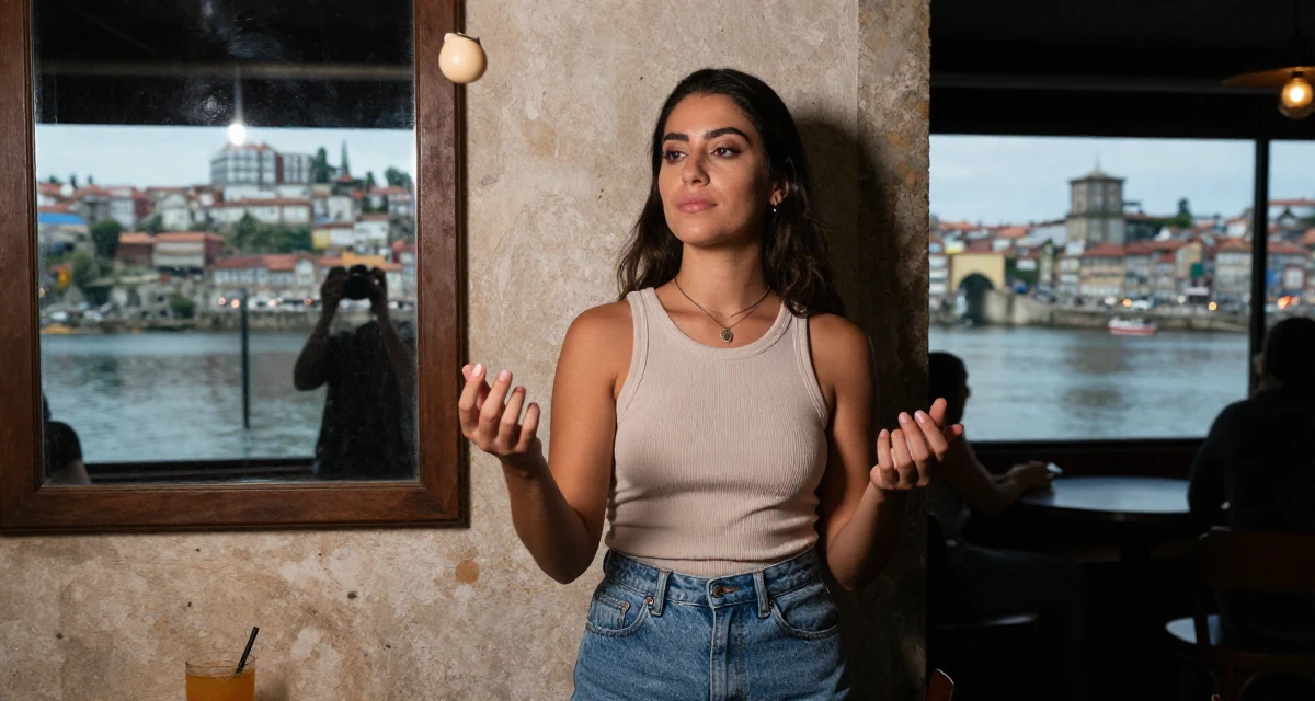 A serene Female From Porto Portugal, studied creative makeup for expressive shoots in their 25, juggling part-time jobs with studies, wearing a fitted ribbed tank top and high-waisted denim shorts, fiddling with a necklace in a dimly lit jazz bar.