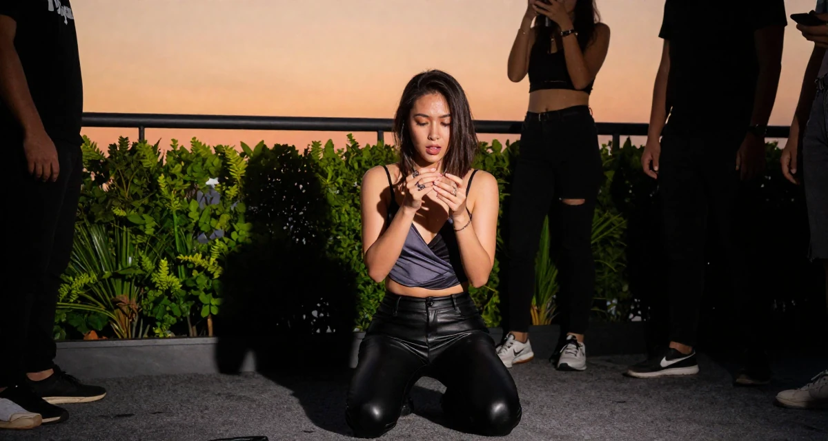 A curious and focused Female From Bangkok Thailand, learned nightclub choreography and costume design in their 45, mentoring younger colleagues, wearing a wrap-front bodysuit and leather leggings, playing with a ring in a luxury penthouse balcony.