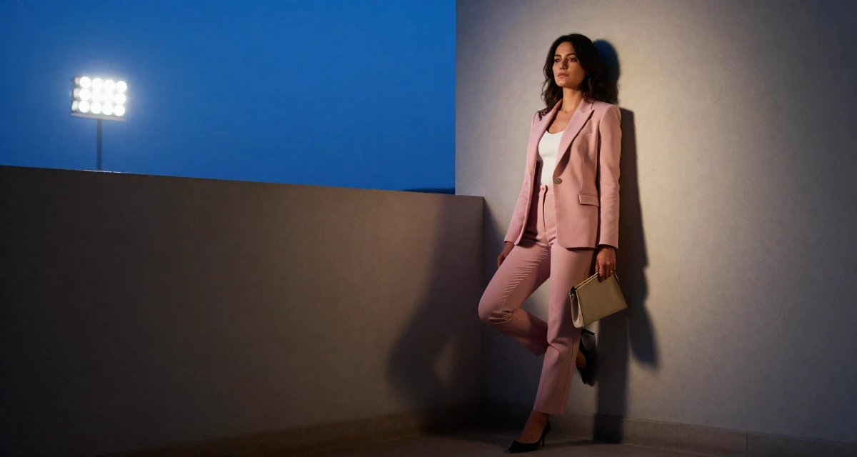 A nostalgic Female From Marseille France, majored in culinary arts in their 23, seeking career clarity through trial and error, wearing a tailored pantsuit in pastel pink with a white top, clutching a clutch bag in a quiet library corner.