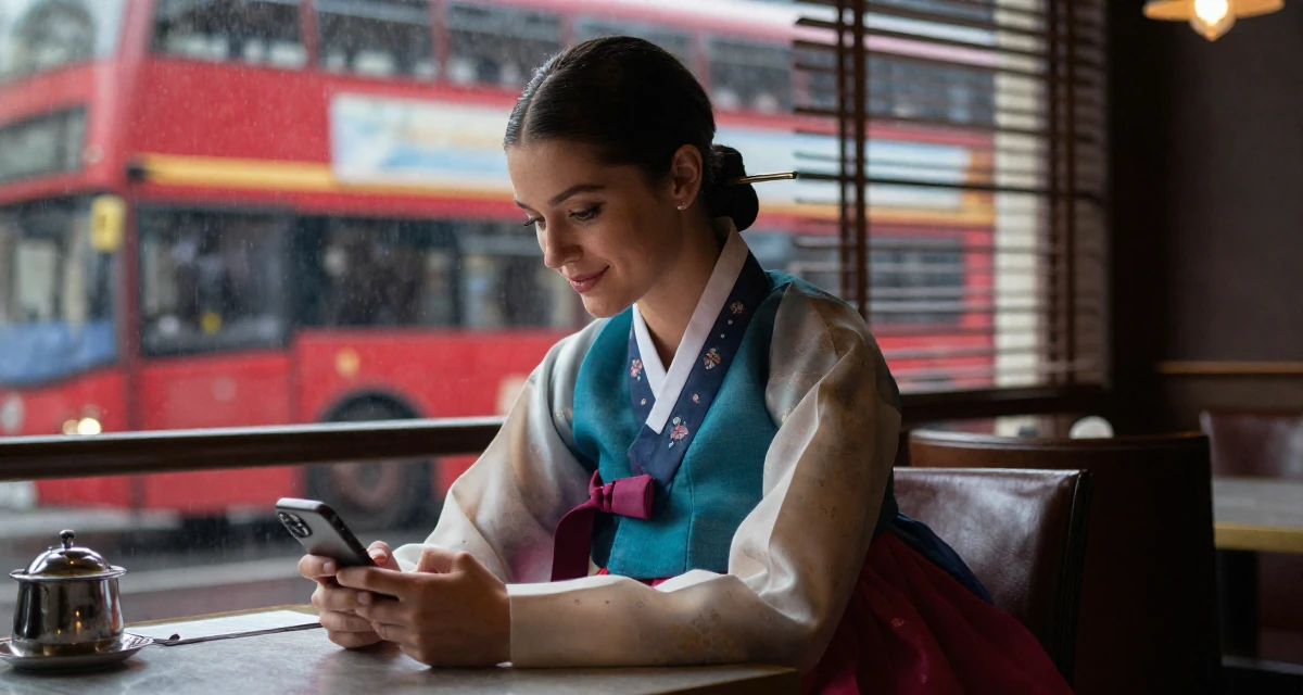 A softly smiling Female From Lisbon Portugal, learned storytelling through movement in their 23, exploring feminine power through suggestive styling, wearing a traditional hanbok modified for a modern look, typing a message in a high-end restaurant.