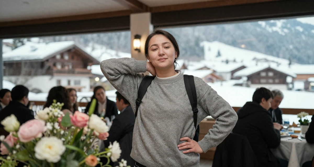 A sympathetic Female From Kyrgyzstan, majored in public health in their 23, realizing early burnout is real but pushing anyway, wearing a comfortable travel outfit, stretching the neck in a banquet hall.