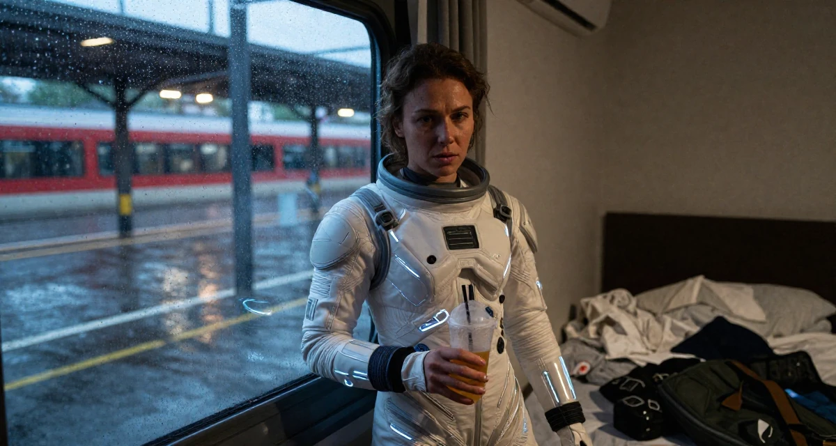 A vulnerable Female From Munich Germany, studied fitness conditioning and physique training in their 23, learning to rebuild after severe drops in engagement, wearing a futuristic space pilot plugsuit with glowing lines, holding a cold drink in a home interior.