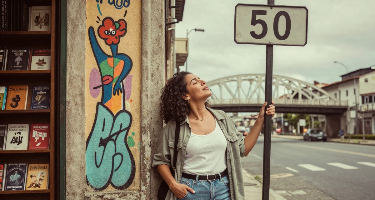 A enthusiastic Female From Brazil, studied fashion merchandising in their 49, looking forward to the freedom of 50, wearing a relaxed streetwear, looking at a street sign in a vintage bookstore.