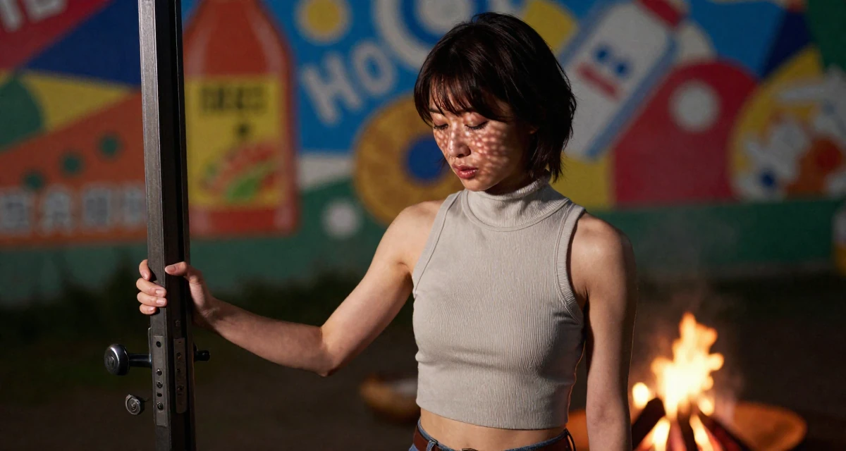 A soulful Female From Japan, studied nutrition and food science in their 24, learning to prioritize emotional well-being, wearing a high-neck sleeveless crop top showing toned arms, pulling a door open in a campfire circle.